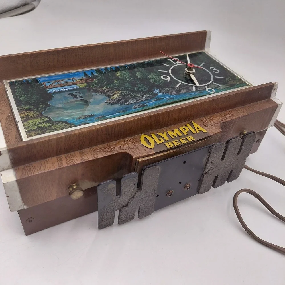 Vtg Olympia Beer Lighted Waterfall Clock Sign Cash Reigster Topper Works Plug In